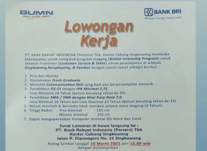 Lowongan Kerja Teller Bank BRI Di Kabupaten Murung Raya