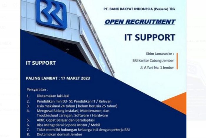 Lowongan Kerja Teller Bank BRI Di Kabupaten Supiori