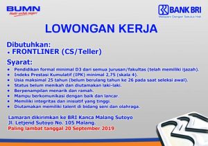 Lowongan Kerja Teller Bank BRI Di Kabupaten Bone Bolango