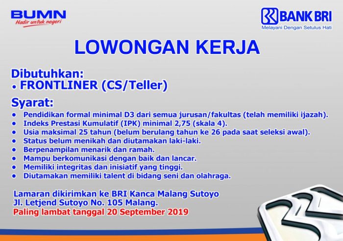 Bri magang brilian program lowongan wonogiri Lowongan Kerja Teller Bank BRI Di Kabupaten Bone Bolango